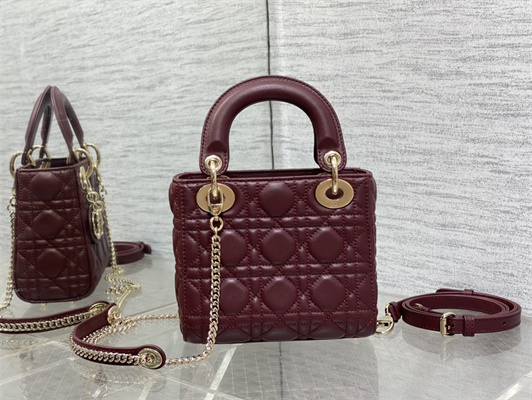 CD Mini Lady Di.or Bag Cannage Lambskin Gold Tone Metal Burgundy