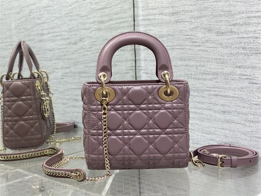 CD Mini Lady Di.or Bag Cannage Lambskin Gold Tone Metal Peony Pink