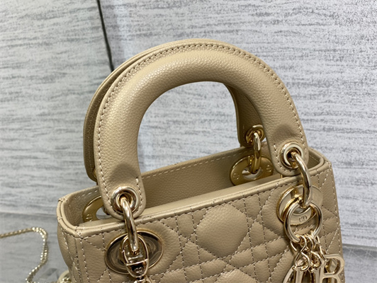 CD Mini Lady Di.or Bag Cannage Grained Calfskin Gold Tone Metal Beige