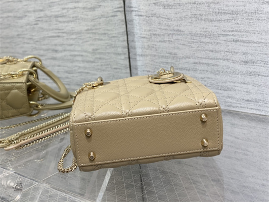 CD Mini Lady Di.or Bag Cannage Grained Calfskin Gold Tone Metal Beige