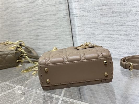 CD Mini Lady Di.or Bag Cannage Lambskin Enamel Charms Gold Tone Metal Warm Taupe