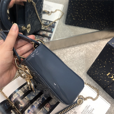 CD Mini Lady Di.or Bag Patent Cannage Calfskin Gold Tone Metal Dk Blue