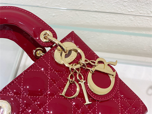 CD Mini Lady Di.or Bag Patent Cannage Calfskin Gold Tone Metal Cherry Red