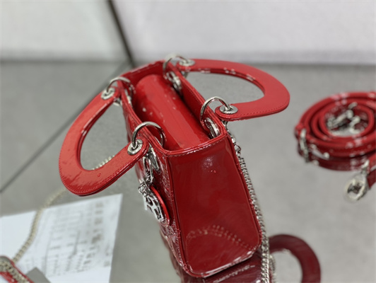 CD Mini Lady Di.or Bag Patent Cannage Calfskin Silver Tone Metal Cherry Red