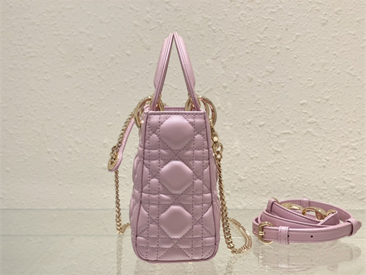 CD Mini Lady Di.or Bag Cannage Lambskin Gold Tone Metal Pearlescent Melocoton Pink