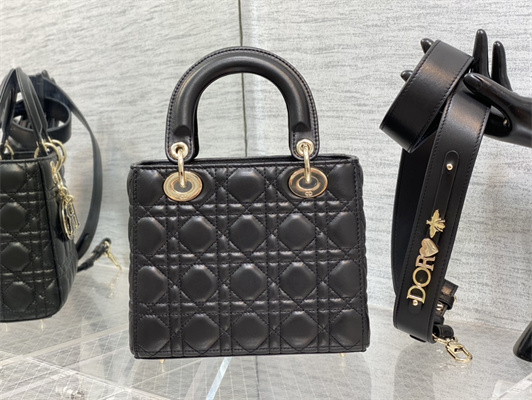 cd small lady di.or my abcD*or bag cannage lambskin enamel charms gold tone metal black