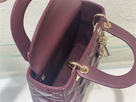 cd small lady di.or my abcD*or bag cannage lambskin gold tone metal burgundy