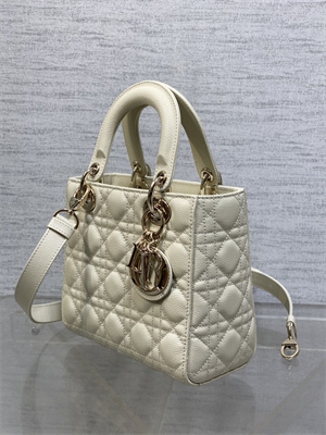 CD Small Lady Di.or Bag Cannage Grained Calfskin Gold Tone Metal Cream