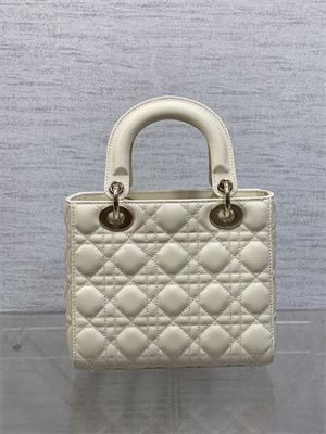 CD Small Lady Di.or Bag Cannage Grained Calfskin Gold Tone Metal Cream