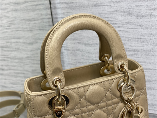 CD Small Lady Di.or Bag Cannage Grained Calfskin Gold Tone Metal Beige