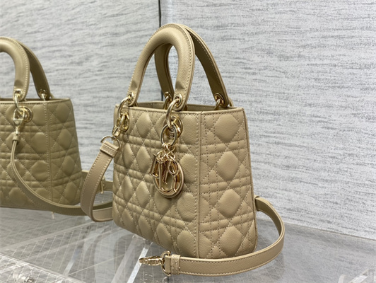 CD Small Lady Di.or Bag Cannage Grained Calfskin Gold Tone Metal Beige