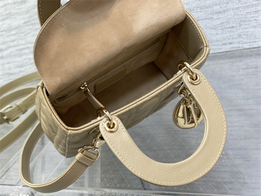 CD Small Lady Di.or Bag Cannage Grained Calfskin Gold Tone Metal Beige