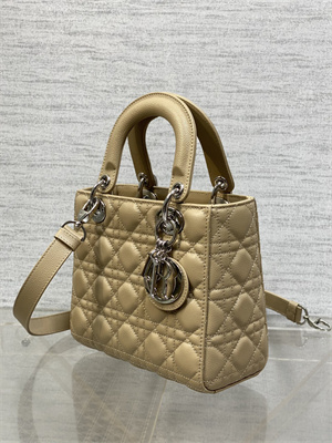 CD Small Lady Di.or Bag Cannage Grained Calfskin Silver Tone Metal Beige