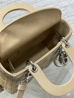 CD Small Lady Di.or Bag Cannage Grained Calfskin Silver Tone Metal Beige