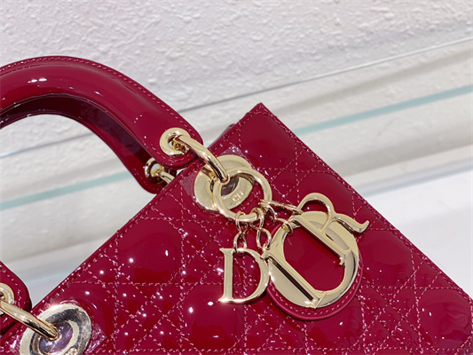 cd small lady di.or my abcD*or bag patent cannage calfskin gold tone metal cherry red