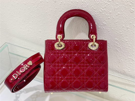 cd small lady di.or my abcD*or bag patent cannage calfskin gold tone metal cherry red