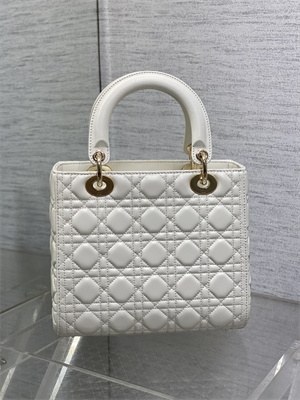 CD Medium Lady Di.or Bag Cannage Lambskin Gold Tone Metal White