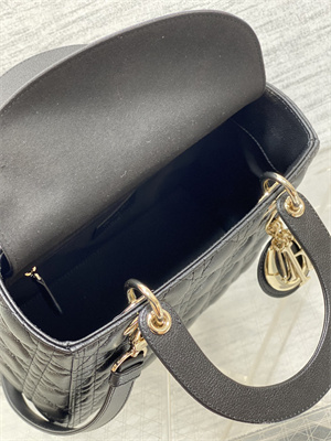 CD Medium Lady Di.or Bag Cannage Grained Calfskin Gold Tone Metal Black