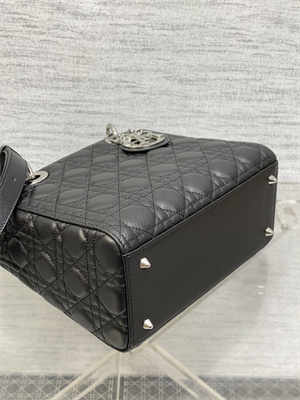 CD Medium Lady Di.or Bag Cannage Grained Calfskin Silver Tone Metal Black