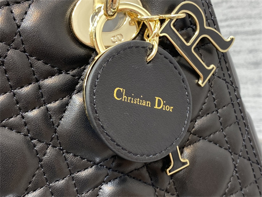CD Medium Lady Di.or Bag Cannage Lambskin Enamel Charms Gold Tone Metal Black