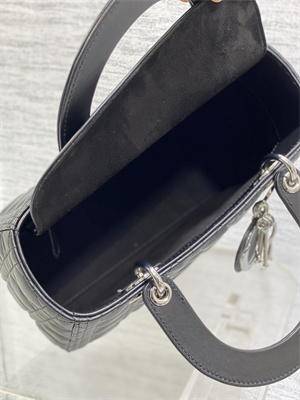 CD Medium Lady Di.or Bag Cannage Lambskin Silver Tone Metal Black