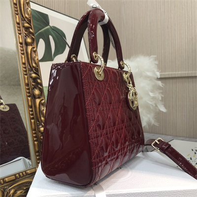 CD Medium Lady Di.or Bag Patent Cannage Calfskin Gold Tone Metal Burgundy