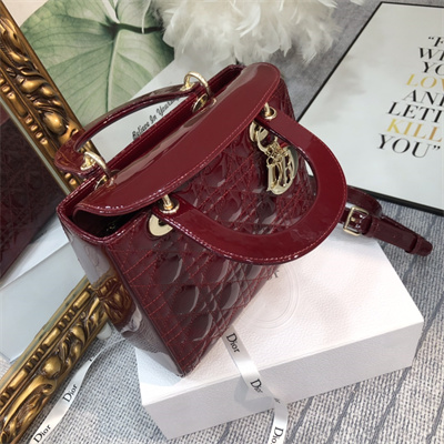 CD Medium Lady Di.or Bag Patent Cannage Calfskin Gold Tone Metal Burgundy