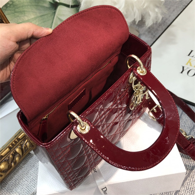 CD Medium Lady Di.or Bag Patent Cannage Calfskin Gold Tone Metal Burgundy