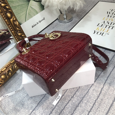 CD Medium Lady Di.or Bag Patent Cannage Calfskin Gold Tone Metal Burgundy