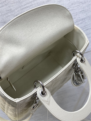 CD Medium Lady Di.or Bag Cannage Grained Calfskin Silver Tone Metal Cream