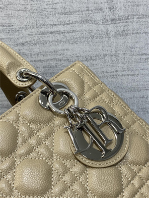 CD Medium Lady Di.or Bag Cannage Grained Calfskin Silver Tone Metal Beige