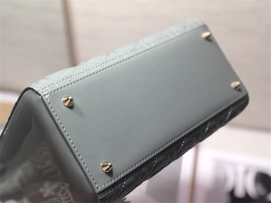 CD Medium Lady Di.or Bag Patent Cannage Calfskin Gold Tone Metal Stone Grey