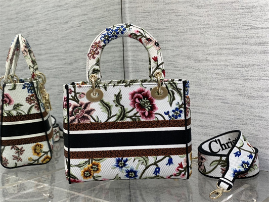 CD Medium Lady Di.or D-Lite Bag Petites Fleurs Embroidery White
