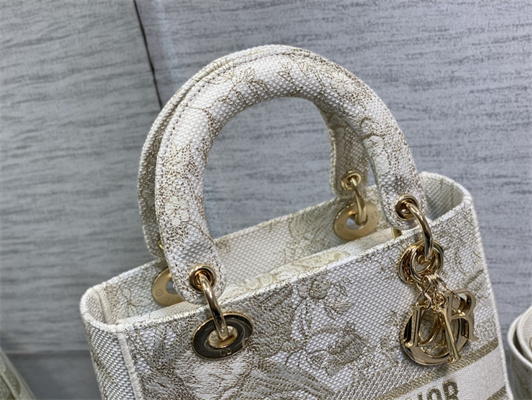 CD Medium Lady Di.or D-Lite Bag Jardin d’Hiver Embroidery Gold Tone and White