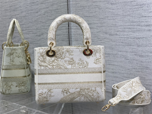 CD Medium Lady Di.or D-Lite Bag Jardin d’Hiver Embroidery Gold Tone and White