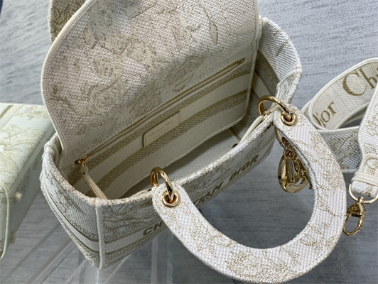 CD Medium Lady Di.or D-Lite Bag Jardin d’Hiver Embroidery Gold Tone and White
