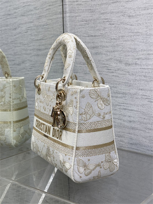 CD Medium Lady Di.or D-Lite Bag Butterfly Zodiac Embroidery Gold Tone and White