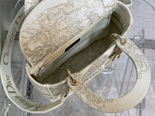 CD Medium Lady Di.or D-Lite Bag Around The World Stella Embroidery Gold Tone and White
