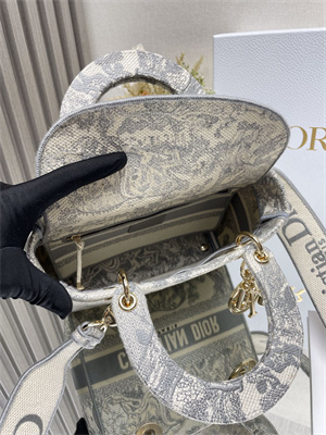 CD Medium Lady Di.or D-Lite Bag Toile de Jouy Embroidery White and Grey