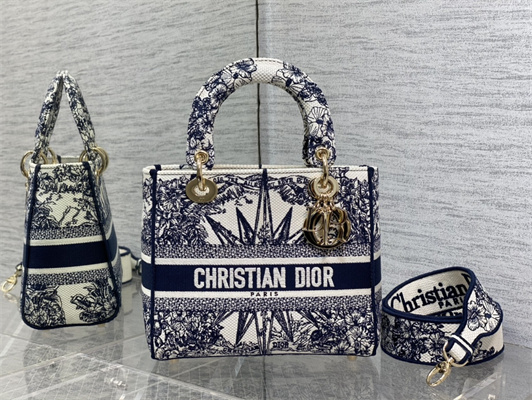 CD Medium Lady Di.or D-Lite Bag R??ve d’Infini Embroidery Blue and White
