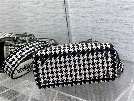 CD Medium Lady Di.or D-Lite Bag Black And Whtie Houndstooth Embroidery
