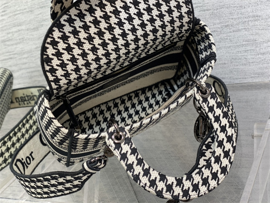 CD Medium Lady Di.or D-Lite Bag Black And Whtie Houndstooth Embroidery