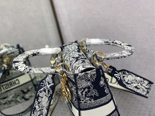 CD Medium Lady Di.or D-Lite Bag Toile de Jouy Embroidery Blue and White