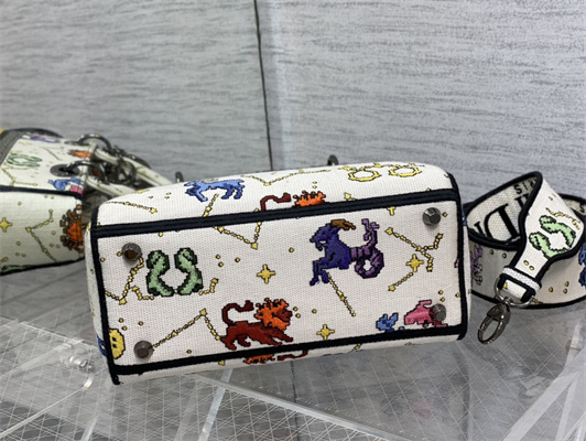CD Medium Lady Di.or D-Lite Bag Toile de Jouy Zodiac Embroidery White Multicolor