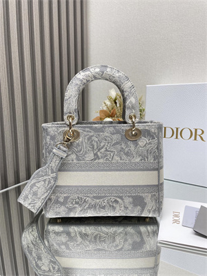 CD Medium Lady Di.or D-Lite Bag Toile de Jouy Embroidery Grey and White