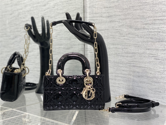 CD Lady D-Joy Micro Bag Patent Cannage Calfskin Gold Tone Metal Black