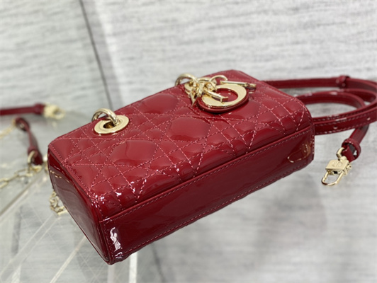 CD Lady D-Joy Micro Bag Patent Cannage Calfskin Gold Tone Metal Cherry Red