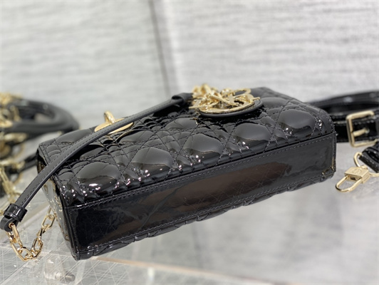 CD Small Lady D-Joy Bag Patent Cannage Calfskin Gold Tone Metal Black