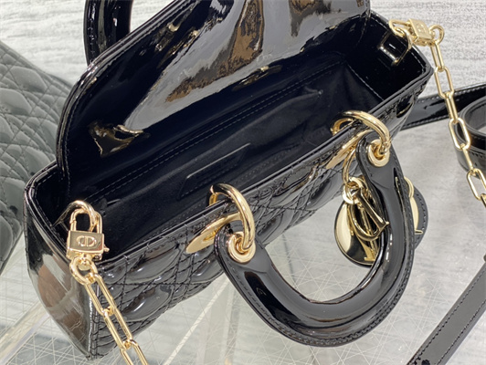 CD Small Lady D-Joy Bag Patent Cannage Calfskin Gold Tone Metal Black