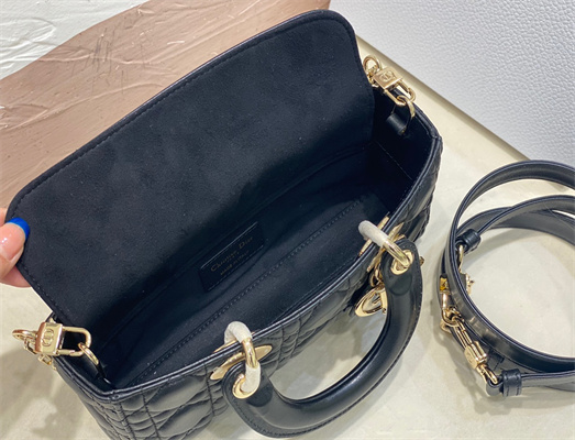 CD Small Lady D-Joy Bag Cannage Lambskin Gold Tone Metal Black